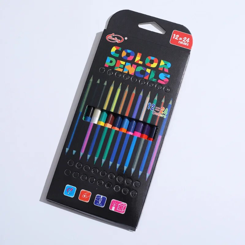 24Color 12gb Divgalvu krāsains zīmulis Koka krāsaini zīmuļi zīmēšanai Kancelejas piederumi Biroja piederumi Skolas piederumi