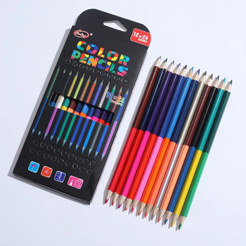 12 бр. Цветни моливи Двуглави 24-цветни цветни моливи Дървени цветни моливи за рисуване Канцеларски материали Ученически пособия