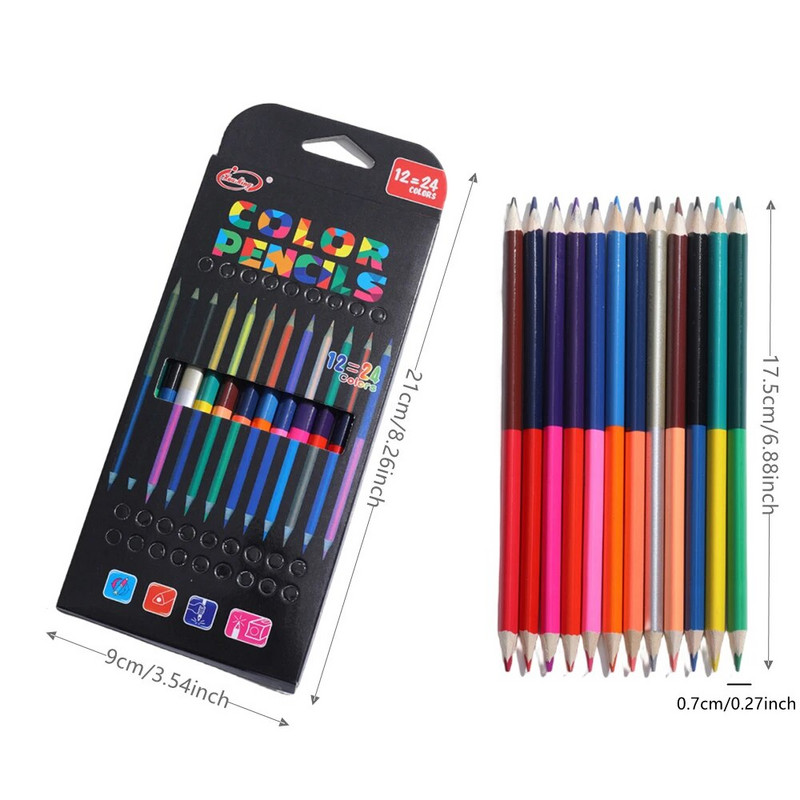 12Pcs Olovke u boji dvoglave Olovke u boji u 24 boje Drvene olovke u boji za crtanje Pribor za učenike Školski pribor