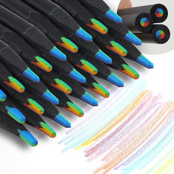 1/12 пакета Моливи с цвят на дъга Многоцветни 7 в 1 Черни дървени масови моливи с цвят на дъга Художествени принадлежности Рисуване Оцветяване Скициране