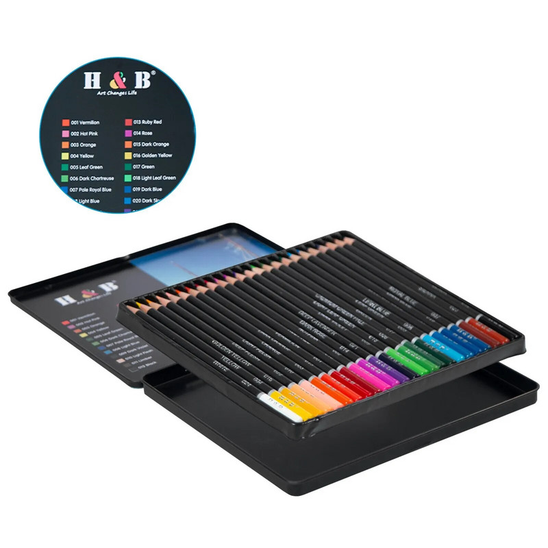 H& B 24 krāsu eļļas zīmuļu komplekts eļļains koka skārda kastes māksla Jauns apaļš Lápiz zīmēšanas komplekts Pieaugušo mākslas piederumi De Dibujo Petrolero