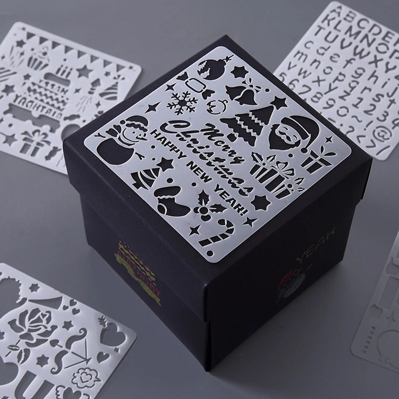 Miela vakarėlio staigmena dovanų dėžutė Kalėdų tapybos trafaretai Gimtadienio nėrinių liniuotės piešimo trafaretai, skirti „pasidaryk pats“ Scrapbooking dekoracijoms