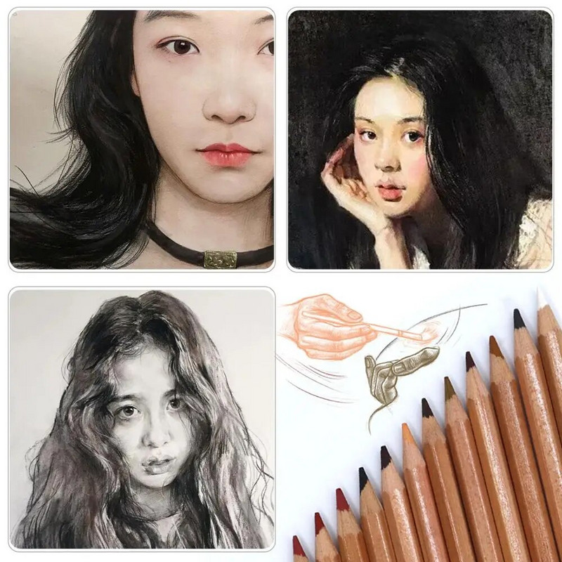 Profesionāls 12 gab., mīksts pasteļtoņu zīmuļu komplekts koka ādas krāsas pasteļkrāsu ogles krāsas zīmulis gleznotājam skiču zīmēšanas piederumiem