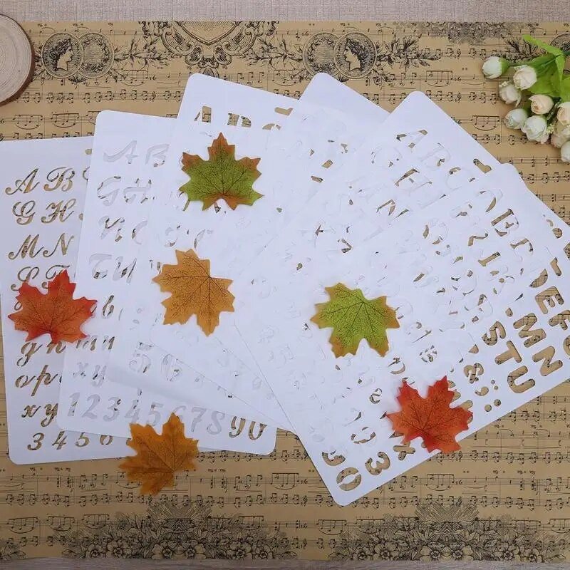 Burtu alfabēta skaitļu slāņošanas trafareti sienu scrapbooking gleznošanai veidnes zīmogi Foto amatniecība dekors plastmasas pochoir karte
