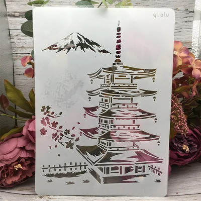 1Pcs A4 29cm Asia Tower Mountain DIY Layering Stencils Стенни картини Албум за оцветяване Релефен албум Декоративен шаблон