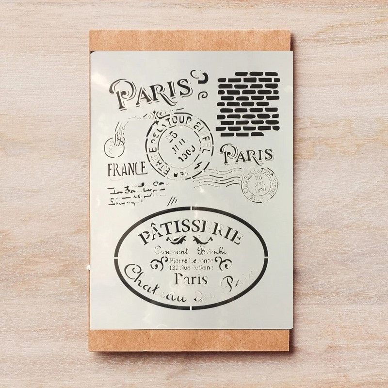 4 τεμ/Παρτίδα A4 Vintage γαλλικές λέξεις Paris DIY Layering στένσιλ Ζωγραφική Λεύκωμα χρωματισμού Ανάγλυφο Πρότυπο διακόσμησης άλμπουμ 29*21cm