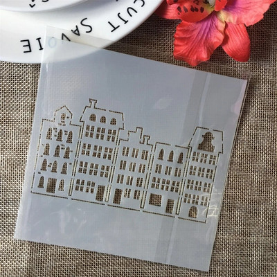 5,1 collas mājas ēka, iela, DIY, slāņošanas trafareti, gleznošana, albuma krāsošana, reljefs albums, dekoratīvās kartītes veidne