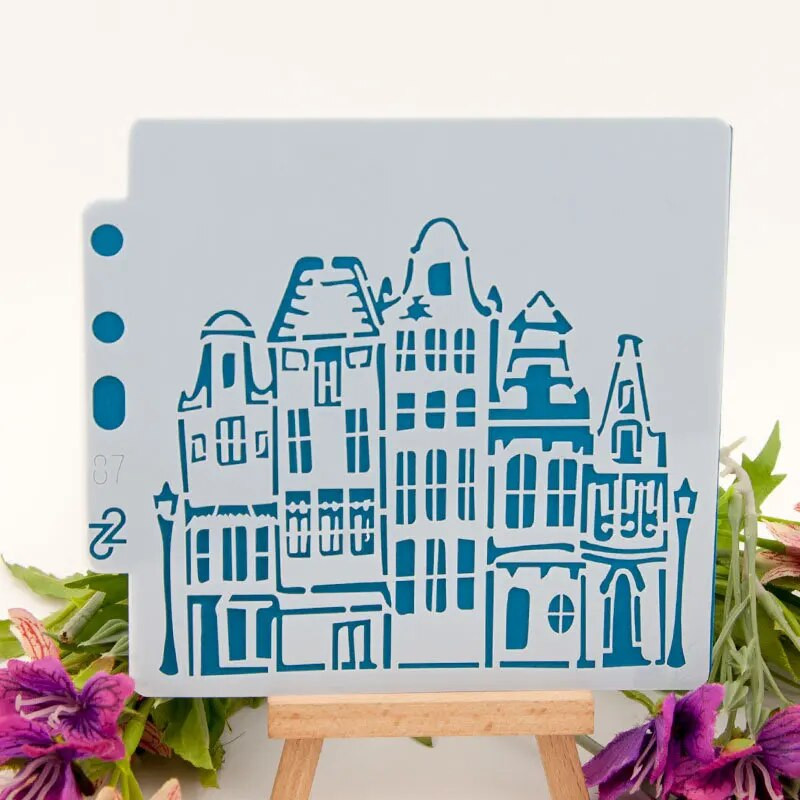 5,1 collas mājas ēka, iela, DIY, slāņošanas trafareti, gleznošana, albuma krāsošana, reljefs albums, dekoratīvās kartītes veidne