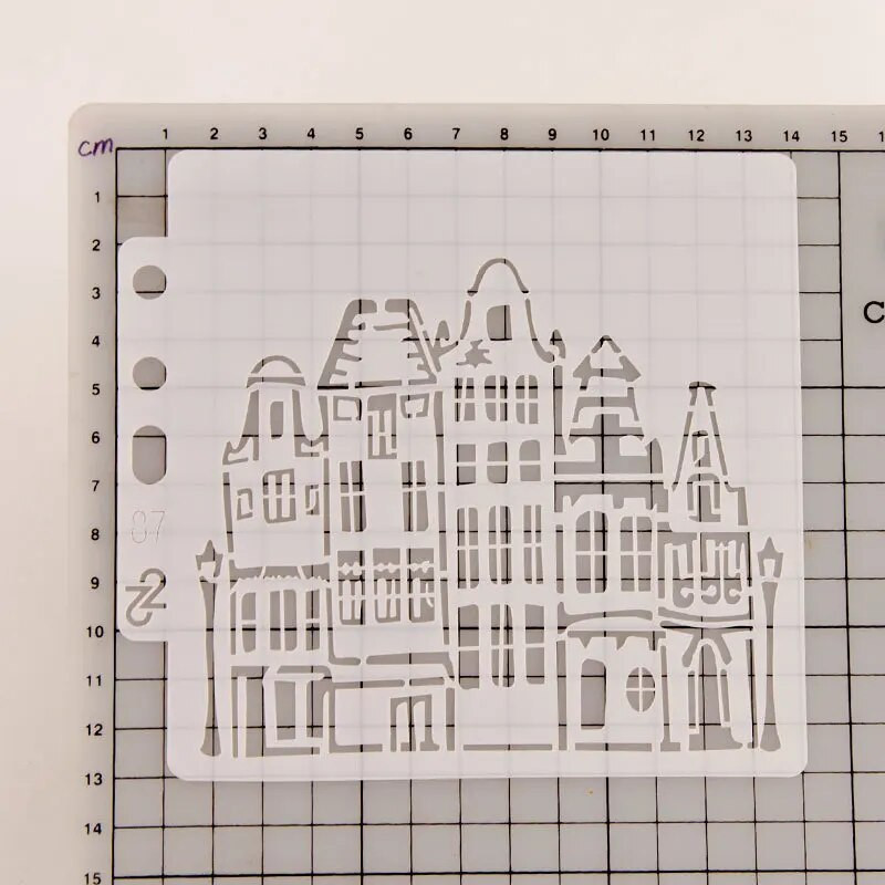 5,1 collas mājas ēka, iela, DIY, slāņošanas trafareti, gleznošana, albuma krāsošana, reljefs albums, dekoratīvās kartītes veidne