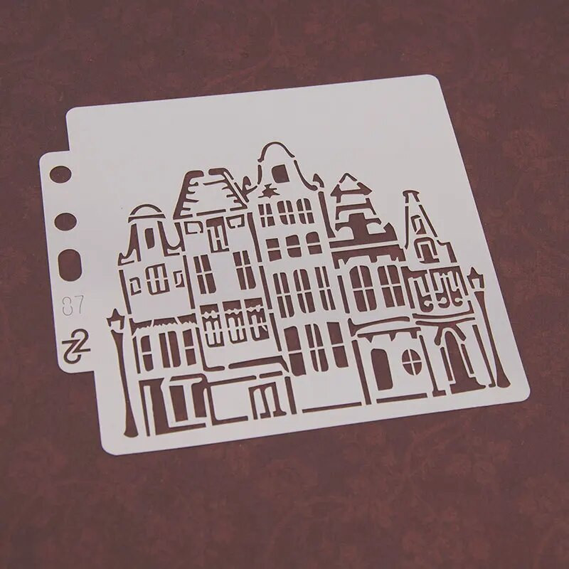 5,1 collas mājas ēka, iela, DIY, slāņošanas trafareti, gleznošana, albuma krāsošana, reljefs albums, dekoratīvās kartītes veidne
