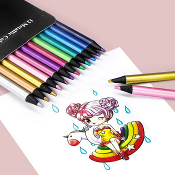 Brutfuner Metallic/Macaron 12 цвята Комплект цветни моливи Меки дървени моливи за оцветяване на рисунки за деца Консумативи за изкуство Канцеларски материали