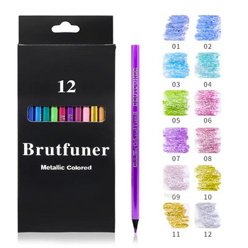Brutfuner Metallic/Macaron 12 цвята Комплект цветни моливи Меки дървени моливи за оцветяване на рисунки за деца Консумативи за изкуство Канцеларски материали