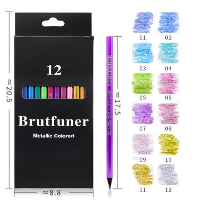 Brutfuner Metallic/Macaron 12 krāsu krāsu zīmuļu komplekts, mīksts koka zīmēšanas krāsojamie zīmuļi bērniem Mākslas piederumi Kancelejas piederumi