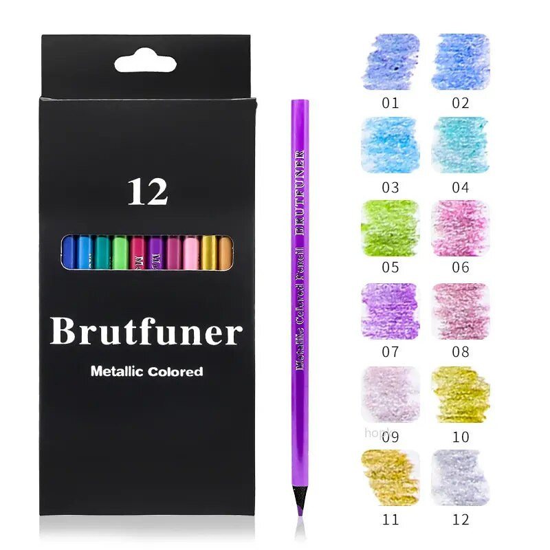 Brutfuner Metallic/Macaron 12 krāsu krāsu zīmuļu komplekts, mīksts koka zīmēšanas krāsojamie zīmuļi bērniem Mākslas piederumi Kancelejas piederumi