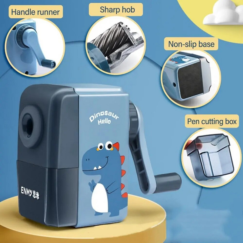 Karikatūras dinozauru zīmuļu asināmais automātiski ievada svinu. Ar roku darbināms mehāniskais asināmais studentu kancelejas piederumi