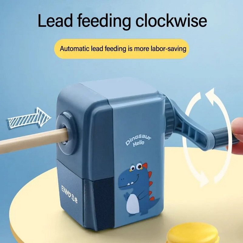 Karikatūras dinozauru zīmuļu asināmais automātiski ievada svinu. Ar roku darbināms mehāniskais asināmais studentu kancelejas piederumi