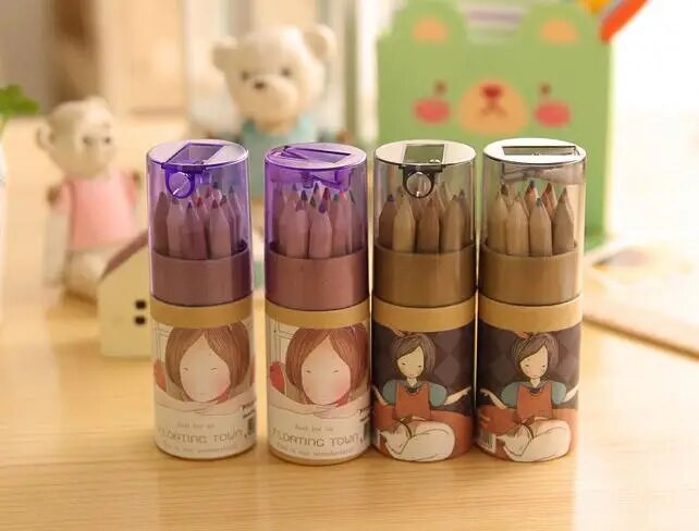 12tk / komplekt, 12 erinevat värvilist puidust teritajaga pliiatsit koolilastele kirjutamiseks, värvipliiats kunstimärgistamiseks, märkmete tegemiseks