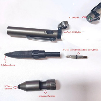 Φωτιστικό στυλό πολυλειτουργικό στυλό Υπαίθριο στρατιωτικό ταξίδι 6 σε 1 Πολυλειτουργικό εργαλείο κατσαβίδι Πυξίδα θήκη αφής