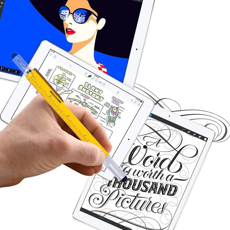 6 vienā daudzfunkcionāla lodīšu pildspalva ручка caneta 1 MM melnas zilas tintes skārienekrāna irbulis celtniecības rīki Dāvana tētim vīram