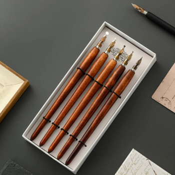 5 бр. Литературна ретро дървена химикалка за потапяне 5 набора от антични калиграфски писалки за писане на канцеларски материали Инструменти за писане