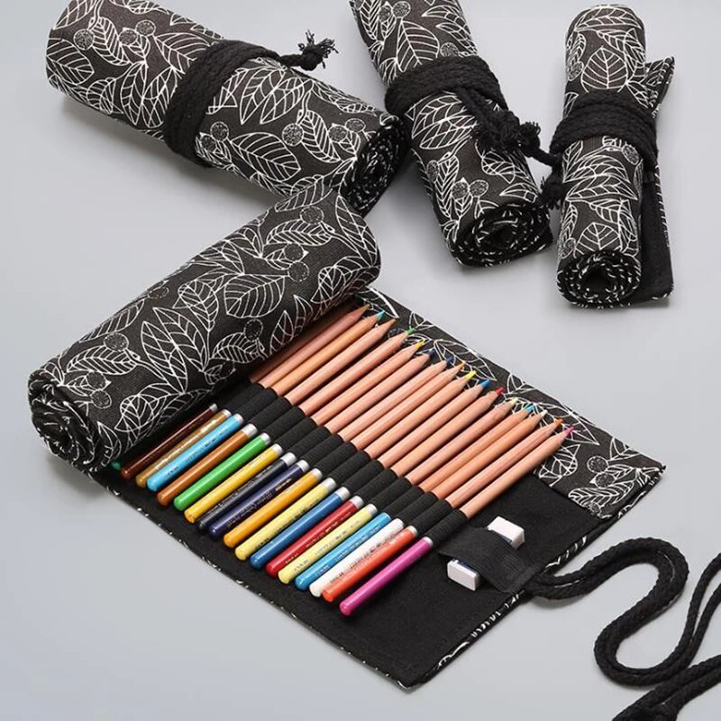 24.12.36 aukudega lõuendist koolipliiatsikott, kokkurullitav pliiatsitase tüdrukutele poistele, must leht Penal kaasaskantav pliiatsikott kirjatarvete kott