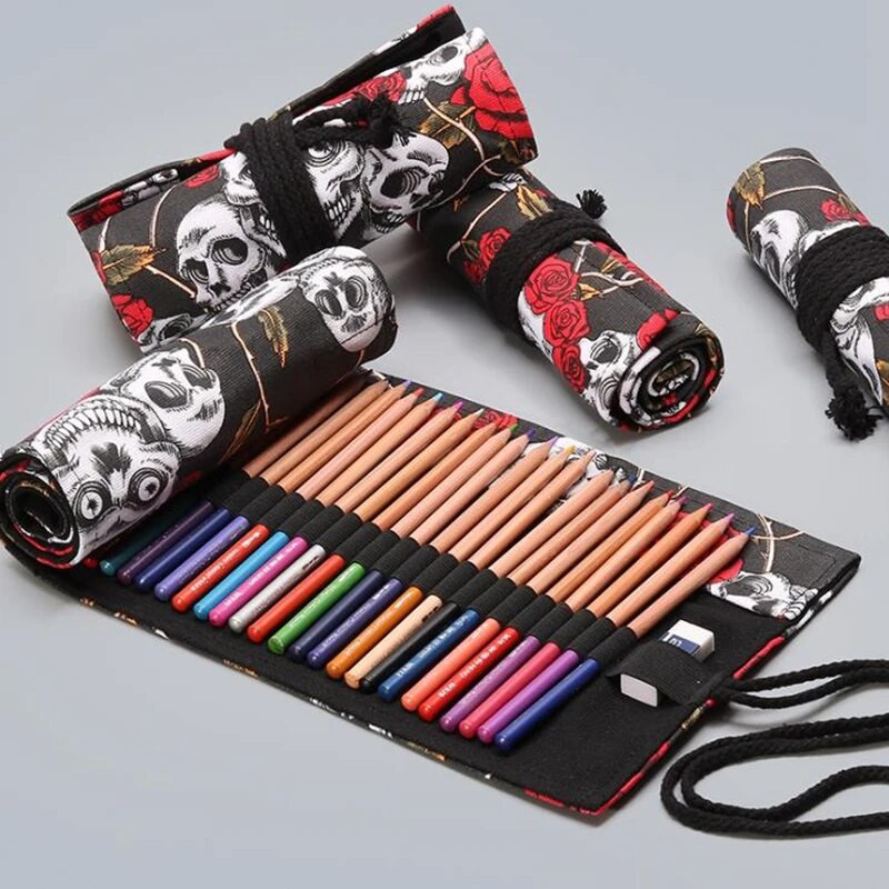 24/12/36 Σχολική μολυβοθήκη από καμβά τρύπα Roll Up Μολυβοθήκη για κορίτσια αγόρια Χαριτωμένη μεγάλη φορητή τσάντα μαύρο στυλό Χαρτικά