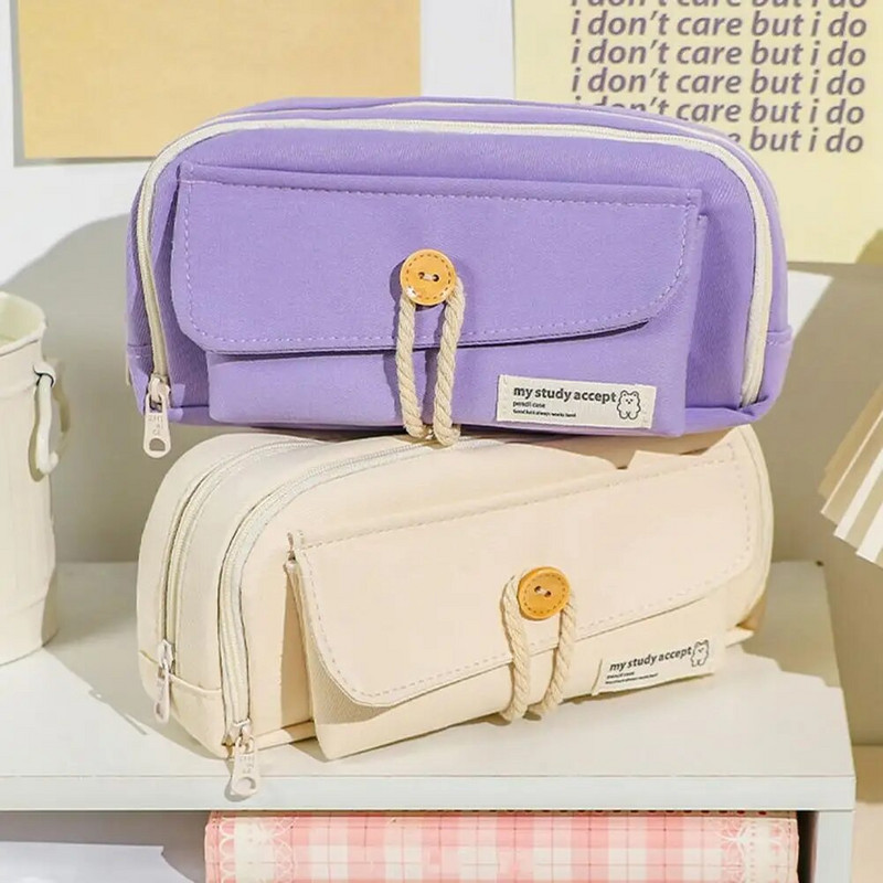 Penālis Lielas ietilpības liela izmēra zīmuļu futrālis ar 3 nodalījumiem pogām Kokvilnas virves dekorēšana Studentu kancelejas piederumu glabātuve Pe