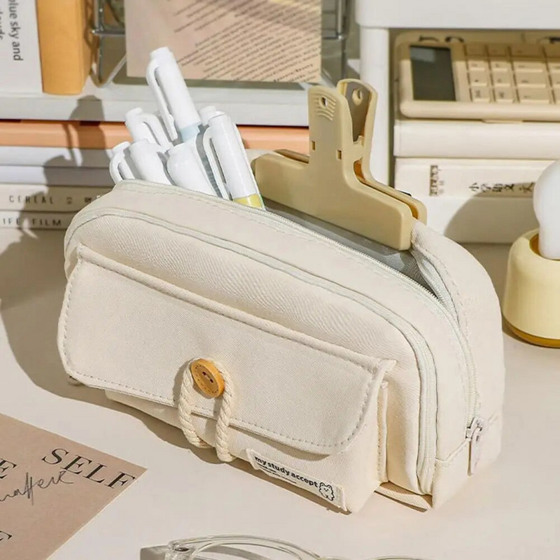 Penālis Lielas ietilpības liela izmēra zīmuļu futrālis ar 3 nodalījumiem pogām Kokvilnas virves dekorēšana Studentu kancelejas piederumu glabātuve Pe