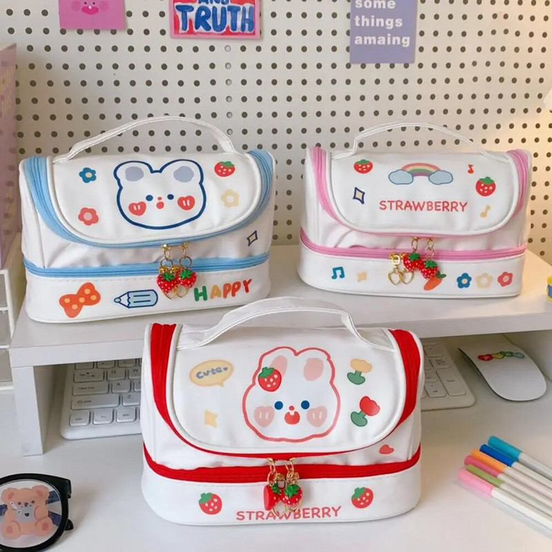 Zīmuļu soma ar dubultu slāņu pārnēsājamu multfilmu trušu apdrukas rakstāmpiederumu futrālis skolai