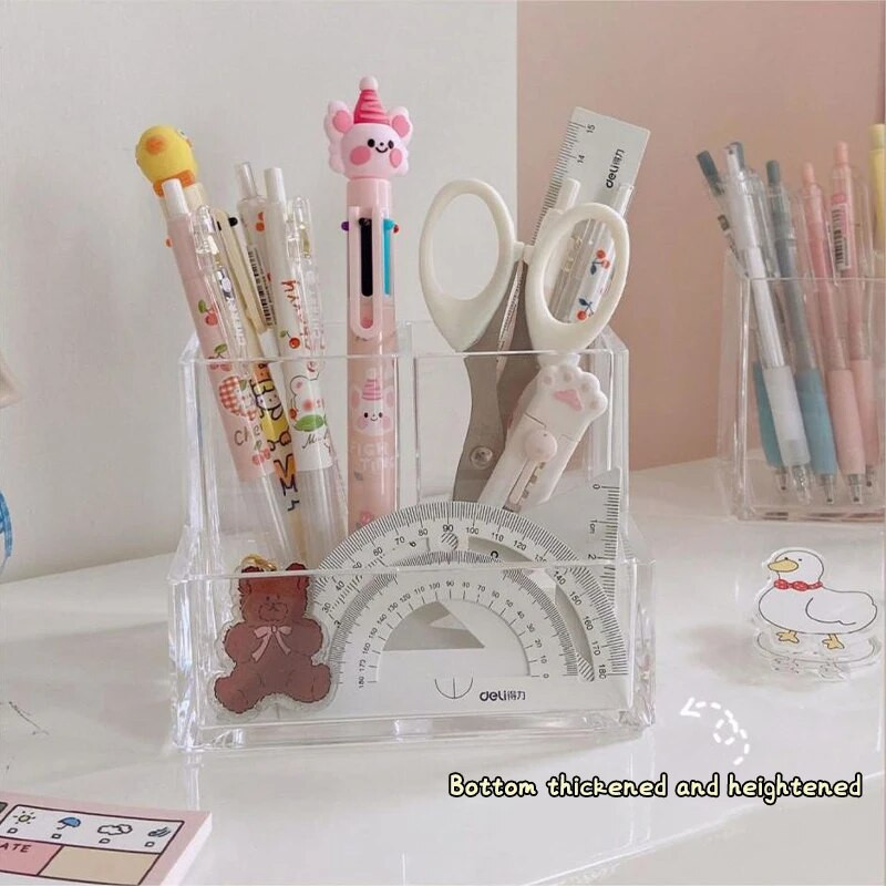 Ins Style Διαφανές ακρυλικό τετράγωνο Θήκη για στυλό με τρία πλέγματα Βάση αποθήκευσης γραφείου μεγάλη χωρητικότητα Σχολική χαρτική γραφική ύλη