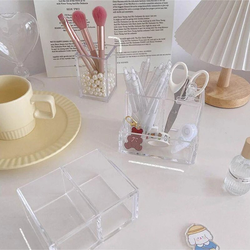 Ins Style Διαφανές ακρυλικό τετράγωνο Θήκη για στυλό με τρία πλέγματα Βάση αποθήκευσης γραφείου μεγάλη χωρητικότητα Σχολική χαρτική γραφική ύλη