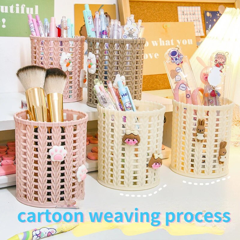 Radošs, imitējošs rotangpalmas pildspalvu turētājs jauks zīmuļa futrālis, kastīte, rakstāmgalda organizators grima otu uzglabāšana kancelejas piederumu biroja skolas piederumi