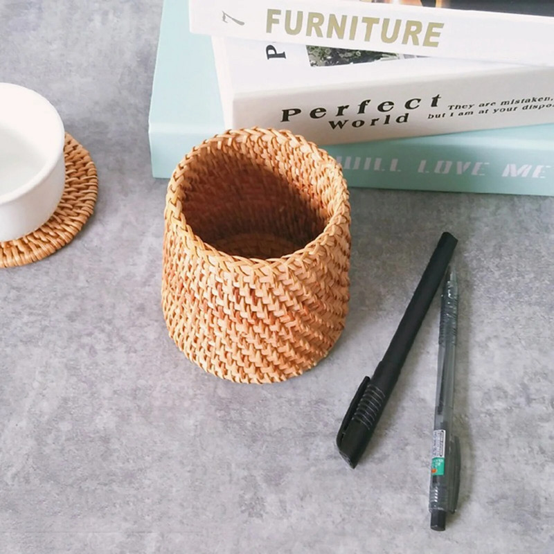 Ručne tkaný držiak na perá, drevený ratan, kontajner na písacie potreby, úložný box, organizér, kancelária, školský stôl, doplnky, dekorácia