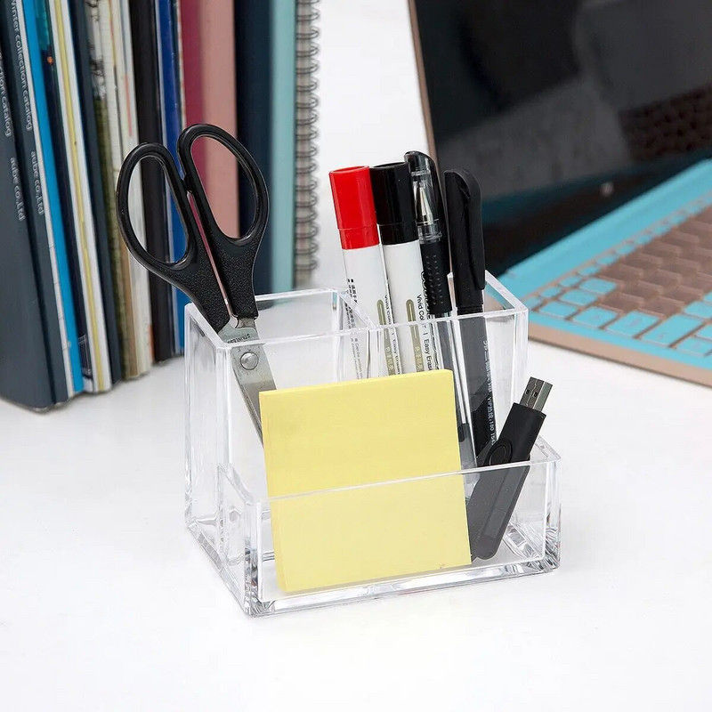Lihtne läbipaistev pliiatsihoidja akrüülist 3-ruudustikuline kirjatarvete pliiats visiitkaardihoidja lauaarvuti organisatsiooni meigipintslihoidja