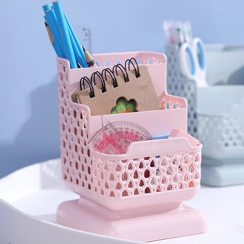 Radošs rotangpalmas plastmasas pildspalvu turētājs, daudzfunkcionāls dobs galddatora kancelejas piederumu spainis zīmuļa konteinera futrālis universāls