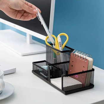 Органайзер за канцеларски материали за бюро Креативен метален държач за химикалка Молив Поставка за съхранение на файлове 3 решетка Кутия за съхранение Офис аксесоари