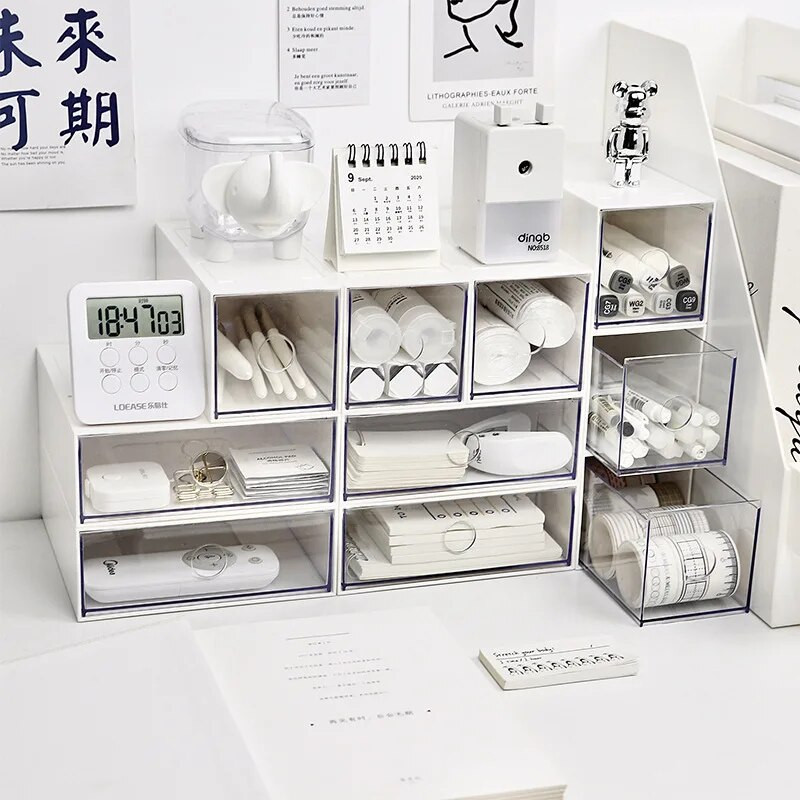 Caurspīdīgas darbvirsmas rakstāmpiederumu uzglabāšanas kastes atvilktņu plaukts organizators rakstāmgalds rotaslietas kosmētikas kancelejas piederumu uzglabāšanas kastes Mājas organizatori