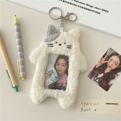 INS Cute Cat Rabbit Плюшен държач за фотокарти Kpop Idol Photo Sleeve Защитен калъф Калъф за студентска лична карта Капак с ключодържател Висулка