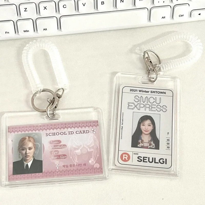 Suport pentru carduri din acril la modă cu lanț de chei, frumos, transparent, husă pentru carduri din acril, pentru transportul cardului de identitate/IC