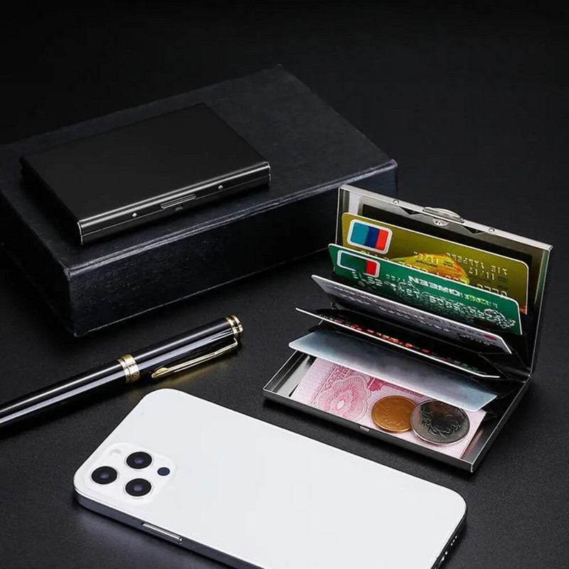 Kortelių dėžutės RFID blokuojantis metalinis kortelių laikiklis, 6 kortelių lizdas, saugus sagtis.