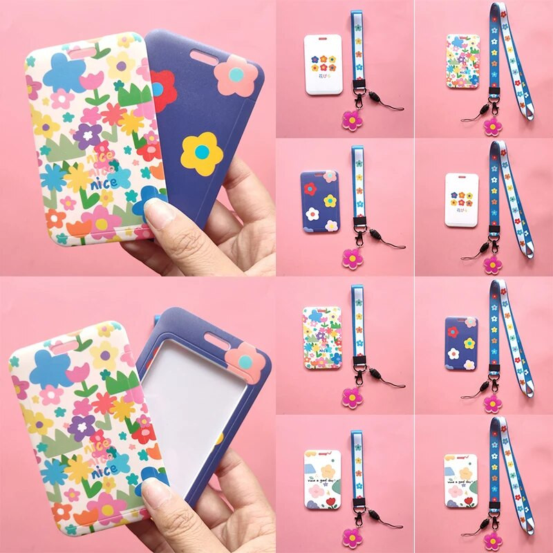 Υπέροχο μικρό λουλούδι Kpop θήκη για φωτογραφικές κάρτες με κορδόνι λουράκι χαρτικής θήκης κάρτας μαθητών με ονόματα μαθητών προστατευτικό κάλυμμα καρτ ποστάλ