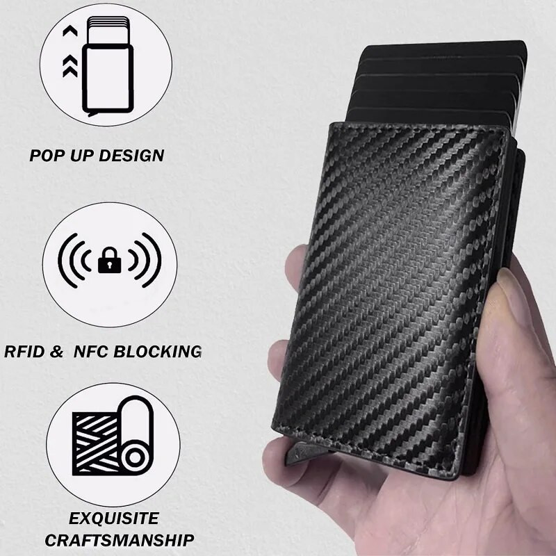 PU Δερμάτινη θήκη πιστωτικής κάρτας Αναδυόμενα πορτοφόλια Rfid μαύρη ανθρακονήματα μινιμαλιστική θήκη επαγγελματικής κάρτας για Working Shopping