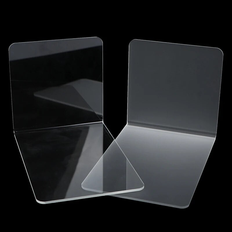 Akriliniai skaidrūs matiniai knygų stovai, paprastas knygų laikiklis, rašomasis stalas.