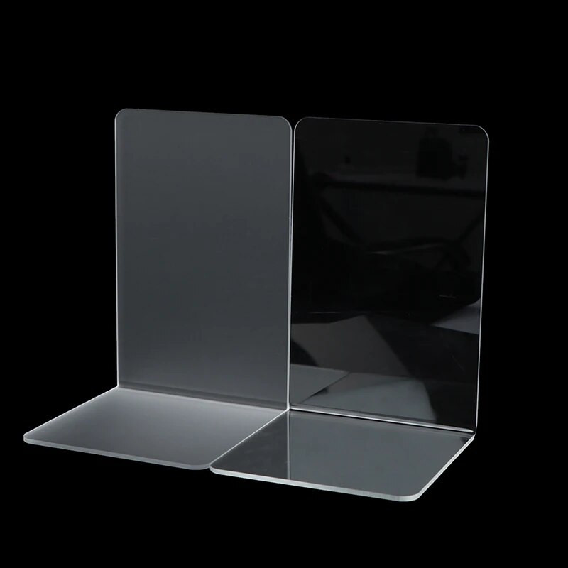 Akriliniai skaidrūs matiniai knygų stovai, paprastas knygų laikiklis, rašomasis stalas.