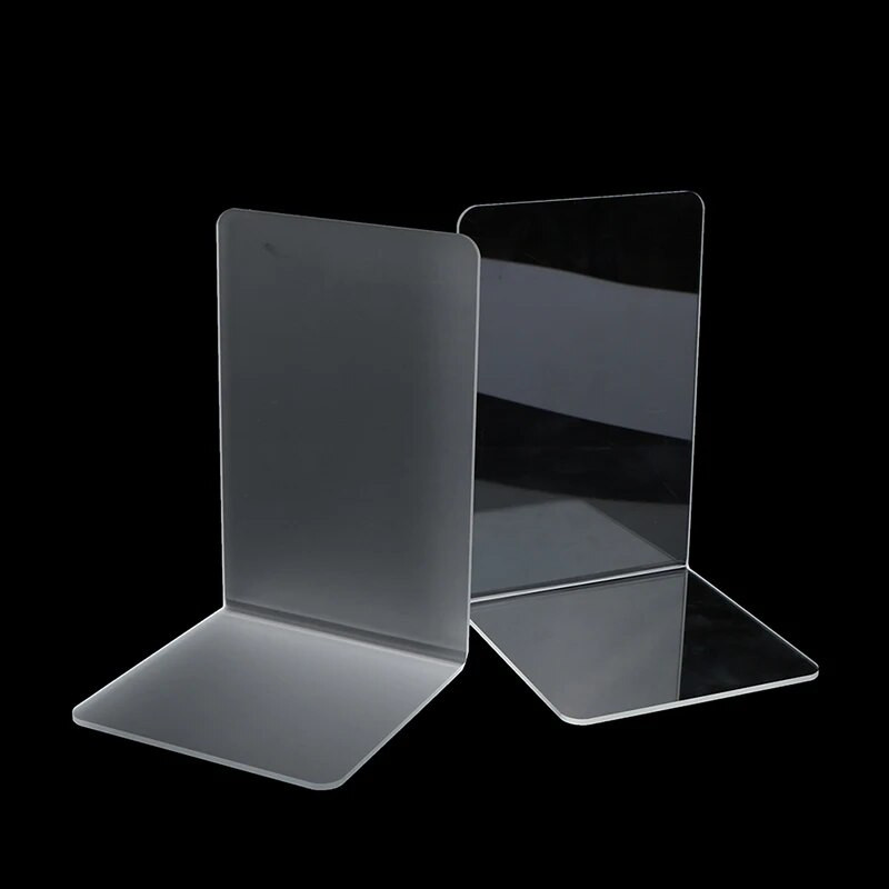 Akriliniai skaidrūs matiniai knygų stovai, paprastas knygų laikiklis, rašomasis stalas.