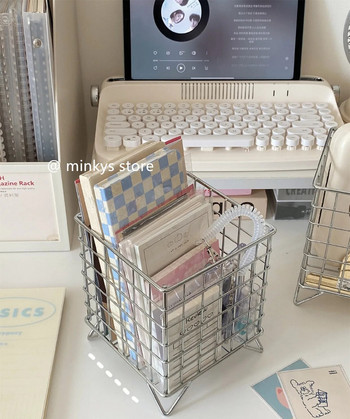 MINKYS INS Nordic Iron Desktop Storage Basket Офис Козметика Кутия за съхранение на грим Поставка за съхранение на канцеларски материали Органайзер за бюро