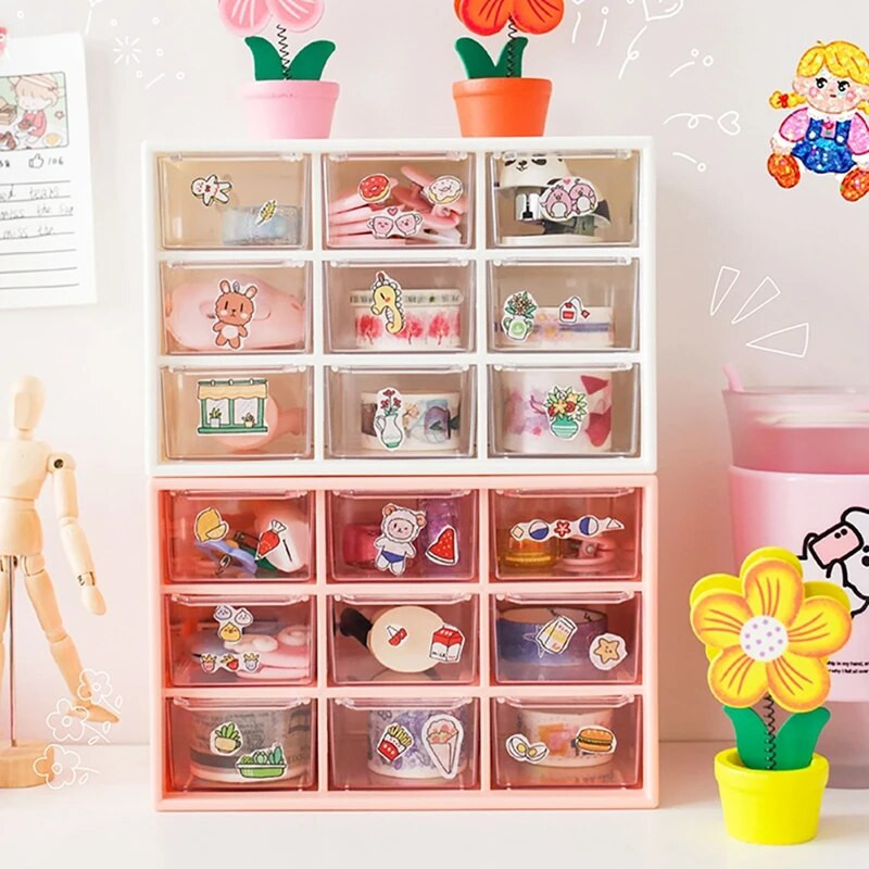 Kawaii 9 ruudustikuga ABS-sahtliga lauakork, multifunktsionaalne kosmeetika-meik Kontorilaud Kirjatarvete hoiukarbihoidikud