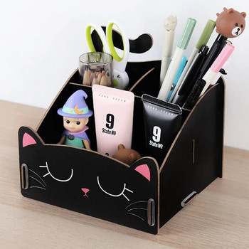 Дървен настолен органайзер във формата на анимирана котка, голям капацитет, канцеларски материали, кутия за съхранение на моливи, многофункционален контейнер за грим