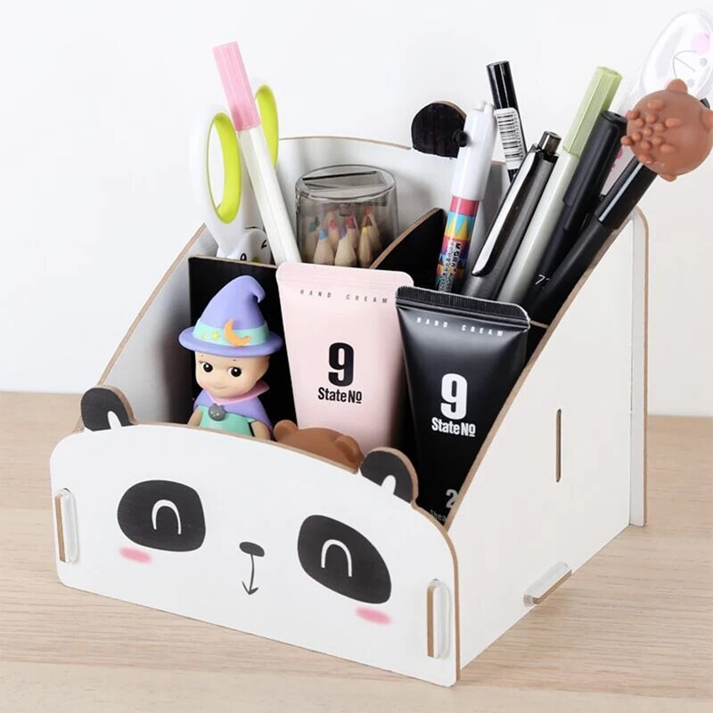 Γελοιογραφία σε σχήμα γάτας Ξύλινη επιτραπέζια οργάνωση γραφείου μεγάλης χωρητικότητας Κουτί αποθήκευσης μολυβιού Πολυλειτουργικό δοχείο μακιγιάζ