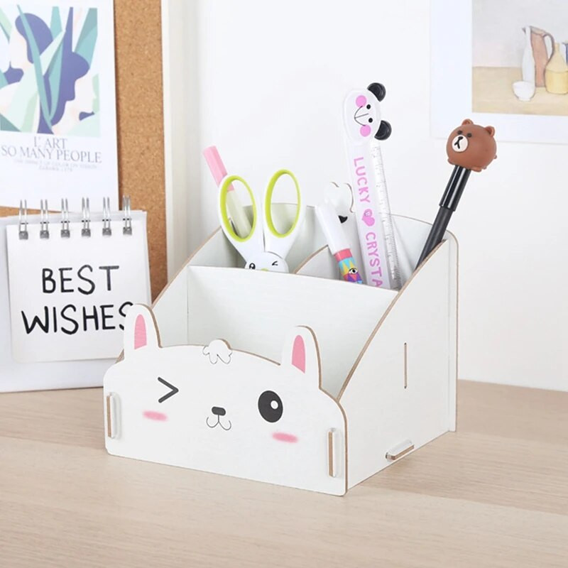 Γελοιογραφία σε σχήμα γάτας Ξύλινη επιτραπέζια οργάνωση γραφείου μεγάλης χωρητικότητας Κουτί αποθήκευσης μολυβιού Πολυλειτουργικό δοχείο μακιγιάζ